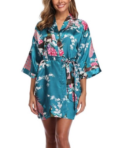 Women's Floral Satin Robe Short Silk Bridal Robe Printing Peacock Kimono Sleepwear - Dark Green - CI18LZE0UUI $13.35 Robes