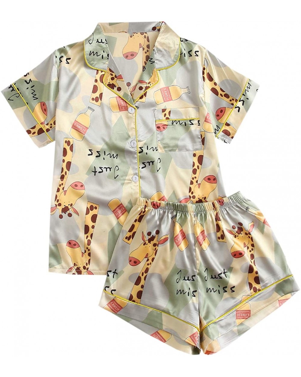 Women's Satin Contrast Binding Top and Shorts Pajama Set - B-multicolor-1 - C319DHY69M9 $33.34 Sets