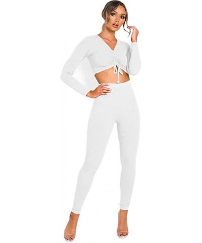 Women's 2 Piece Outfits Solid Color Lumbar V-Neck Drawstring Lace Cropped Tracksuit Set - White - CT18AE095U2 $43.28 Thermal ...