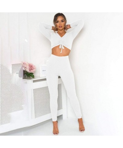 Women's 2 Piece Outfits Solid Color Lumbar V-Neck Drawstring Lace Cropped Tracksuit Set - White - CT18AE095U2 $43.28 Thermal ...