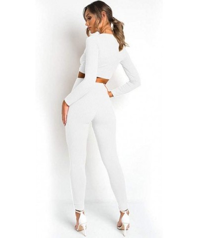 Women's 2 Piece Outfits Solid Color Lumbar V-Neck Drawstring Lace Cropped Tracksuit Set - White - CT18AE095U2 $43.28 Thermal ...