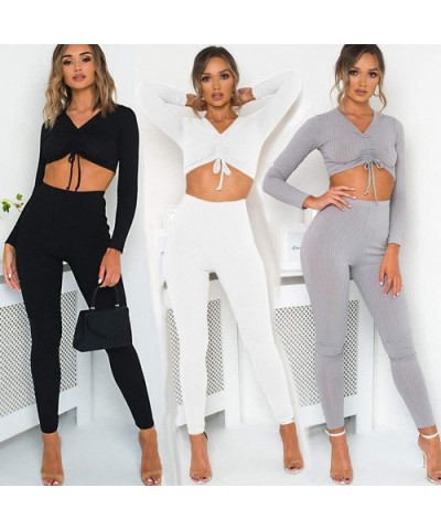 Women's 2 Piece Outfits Solid Color Lumbar V-Neck Drawstring Lace Cropped Tracksuit Set - White - CT18AE095U2 $43.28 Thermal ...