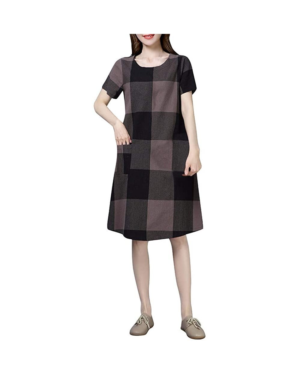 Dresses Women's Vintage Plaid Print Short Sleeve Ladies Cotton Linen Casual Knee A-line Dress - Coffee - CH18U5Z7LN7 $26.09 Tops