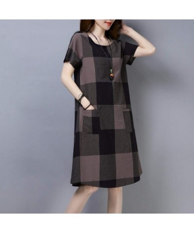 Dresses Women's Vintage Plaid Print Short Sleeve Ladies Cotton Linen Casual Knee A-line Dress - Coffee - CH18U5Z7LN7 $26.09 Tops