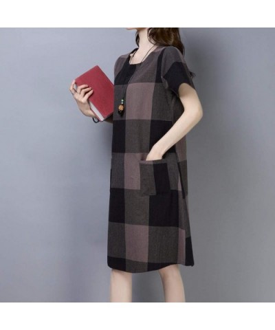 Dresses Women's Vintage Plaid Print Short Sleeve Ladies Cotton Linen Casual Knee A-line Dress - Coffee - CH18U5Z7LN7 $26.09 Tops