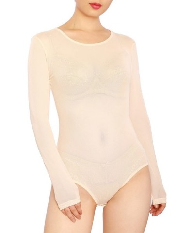 Women's Sexy Sheer Mesh Long Sleeve Bodysuit - Beige - C312DOZDFVP $22.60 Shapewear