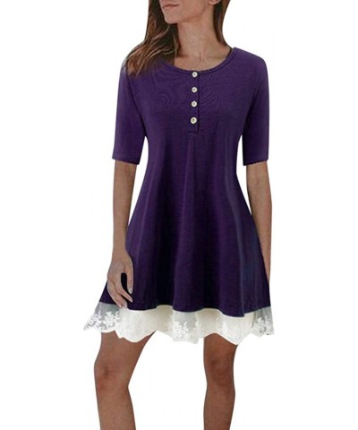 Fashion Women O Neck Button Long Sleeve Irregular Dress Lace Stitching Short-Sleeved Solid Color Hem Swing Dress - Purple - C...