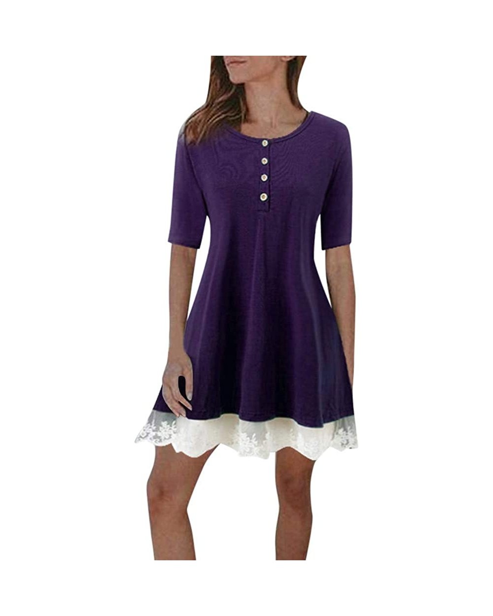 Fashion Women O Neck Button Long Sleeve Irregular Dress Lace Stitching Short-Sleeved Solid Color Hem Swing Dress - Purple - C...