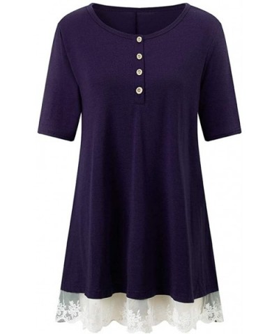 Fashion Women O Neck Button Long Sleeve Irregular Dress Lace Stitching Short-Sleeved Solid Color Hem Swing Dress - Purple - C...