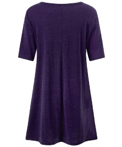 Fashion Women O Neck Button Long Sleeve Irregular Dress Lace Stitching Short-Sleeved Solid Color Hem Swing Dress - Purple - C...