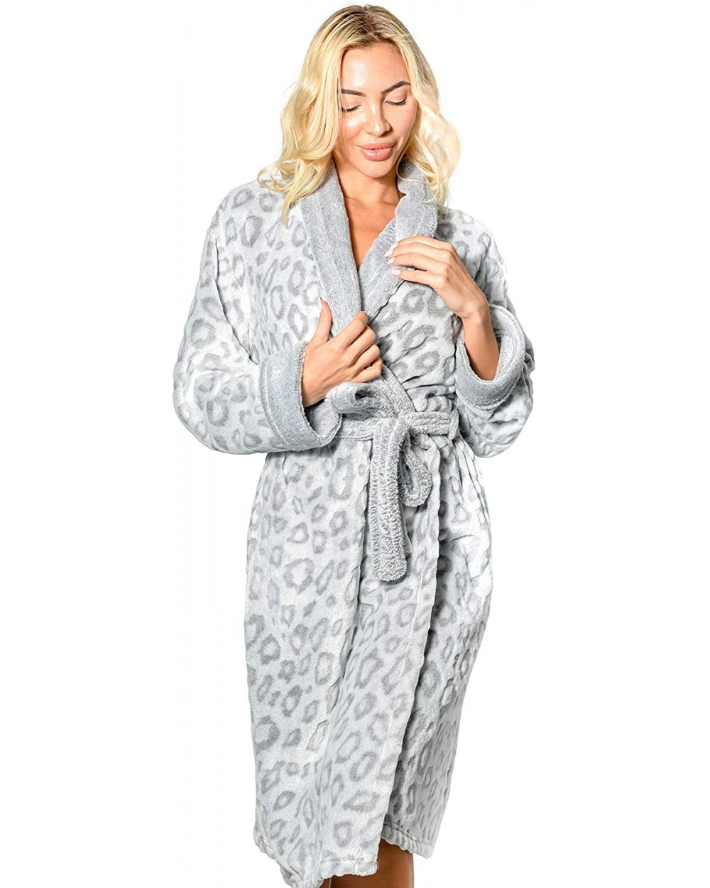 Women's Robe Warm Fleece Long Plush Deluxe Soft Textured Loungewear Sleepwear Shawl - Grey - CT192E7NRTA $46.54 Robes