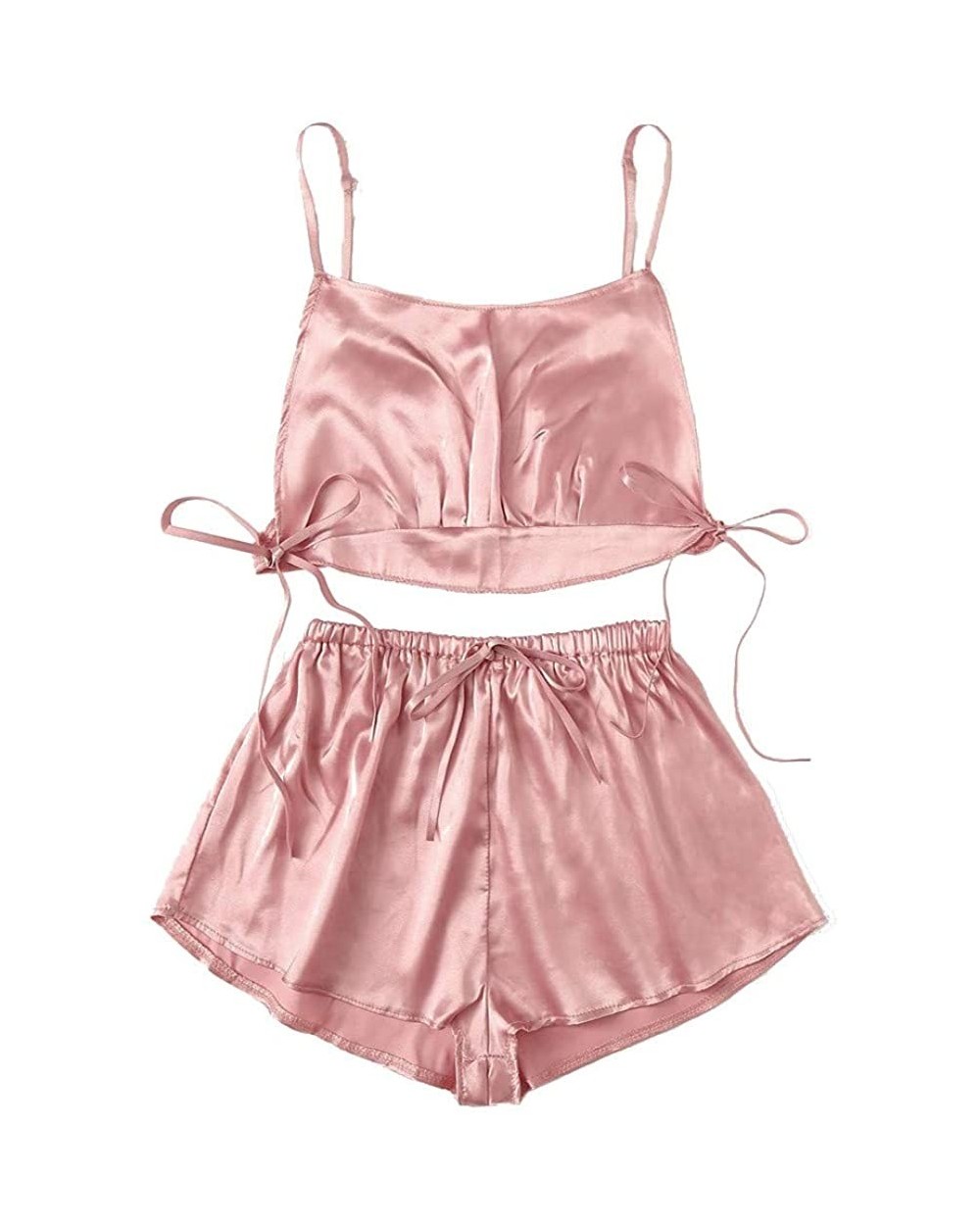 Solid Sling Homewear Stain Silk Drawstring Sleepwear Set Lingerie for Women (S-2XL) - Pink - CQ194503MWU $29.03 Nightgowns & ...