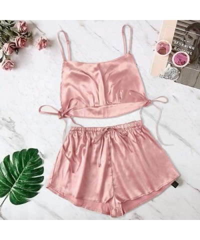 Solid Sling Homewear Stain Silk Drawstring Sleepwear Set Lingerie for Women (S-2XL) - Pink - CQ194503MWU $29.03 Nightgowns & ...