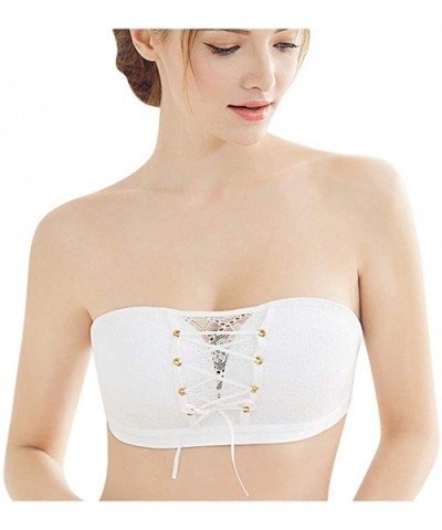 Womens Lace Strapless Bandeau Sexy Strapless Drawstring Underwear Pull-Together Lace Bra Invisible Bra Lingerie - White - C91...