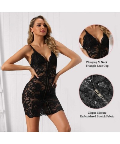 Women's Sexy Lingerie Zipper Front V-Neck Triangle Top Chemise Mesh Stitching Embroidered Nightgown - Black - C718Z977SY8 $20...