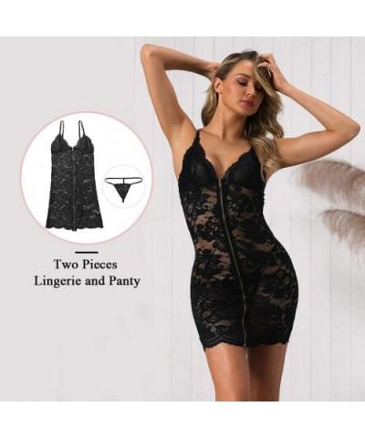 Women's Sexy Lingerie Zipper Front V-Neck Triangle Top Chemise Mesh Stitching Embroidered Nightgown - Black - C718Z977SY8 $20...