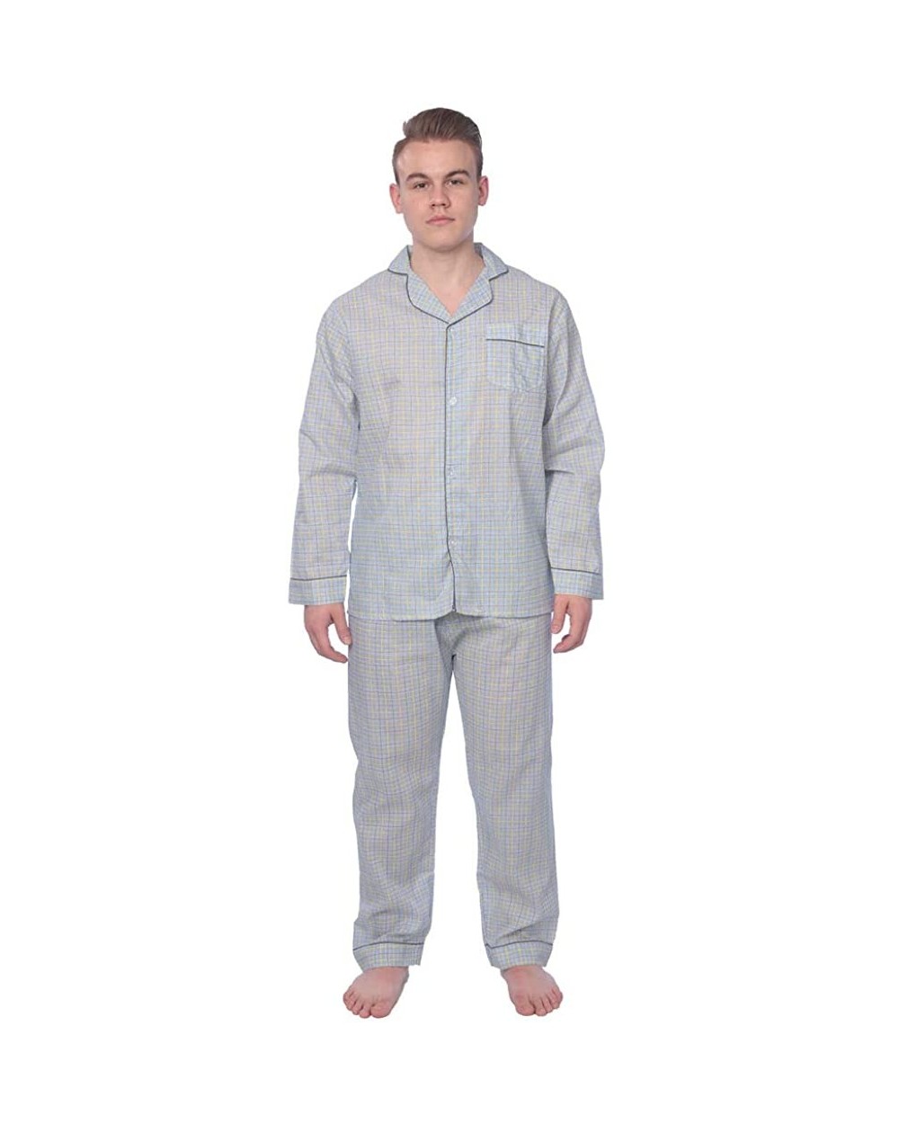 Men's Plaid Woven Long Sleeve Long Leg Pajama Set - Light Blue Yellow Plaid - CP18ND6M6MN $27.83 Sleep Sets