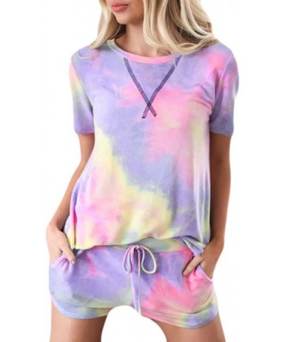 Tie Dye Pajamas Set for Women Short Sleeve Lounge Pj Set Printed Tops and Shorts Nightwear Ruffle Sleepwear Purple - C419DHX3...