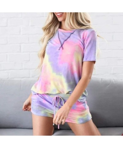 Tie Dye Pajamas Set for Women Short Sleeve Lounge Pj Set Printed Tops and Shorts Nightwear Ruffle Sleepwear Purple - C419DHX3...