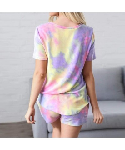 Tie Dye Pajamas Set for Women Short Sleeve Lounge Pj Set Printed Tops and Shorts Nightwear Ruffle Sleepwear Purple - C419DHX3...