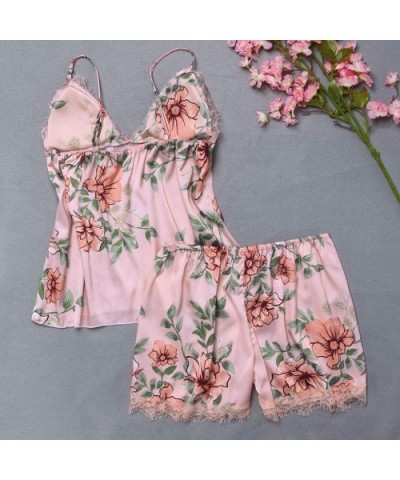 Women Sleepwear Sleeveless Strap Nightwear Lace Trim Satin Cami Top Pajama Sets - E-pink - CO18ULWULRO $20.19 Sets