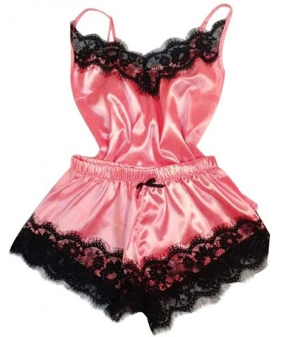 Women's Lace Satin Sleepwear Cami Top and Shorts Pajama Set 2 Piece Sexy Lingerie Nightwear - Watermelon Red - CI18AED7M4L $2...