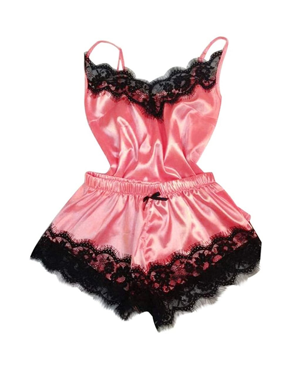 Women's Lace Satin Sleepwear Cami Top and Shorts Pajama Set 2 Piece Sexy Lingerie Nightwear - Watermelon Red - CI18AED7M4L $2...