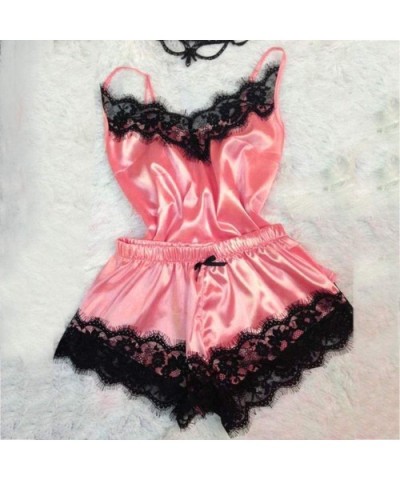 Women's Lace Satin Sleepwear Cami Top and Shorts Pajama Set 2 Piece Sexy Lingerie Nightwear - Watermelon Red - CI18AED7M4L $2...