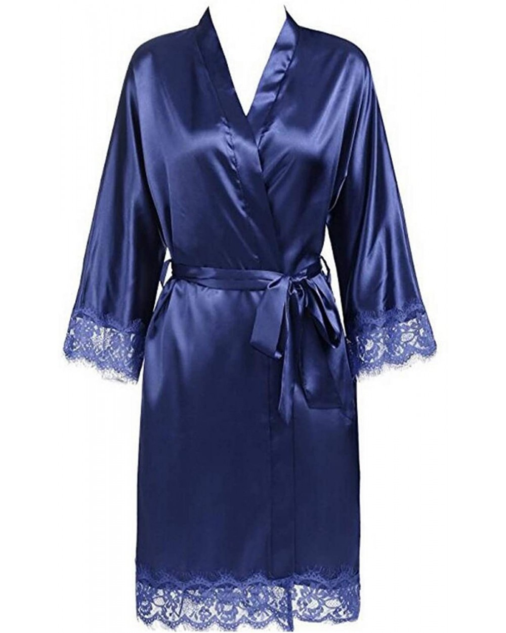 Lace Patchwork Bride Bridesmaids Robe Sexy Lingerie Women Silk Wedding Party Kimono Robes Nightgown Sleepwear Navy - CX194XUX...