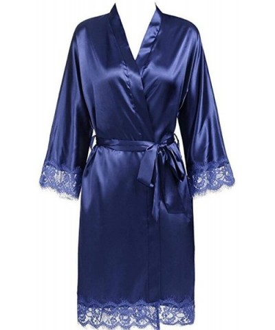 Lace Patchwork Bride Bridesmaids Robe Sexy Lingerie Women Silk Wedding Party Kimono Robes Nightgown Sleepwear Navy - CX194XUX...