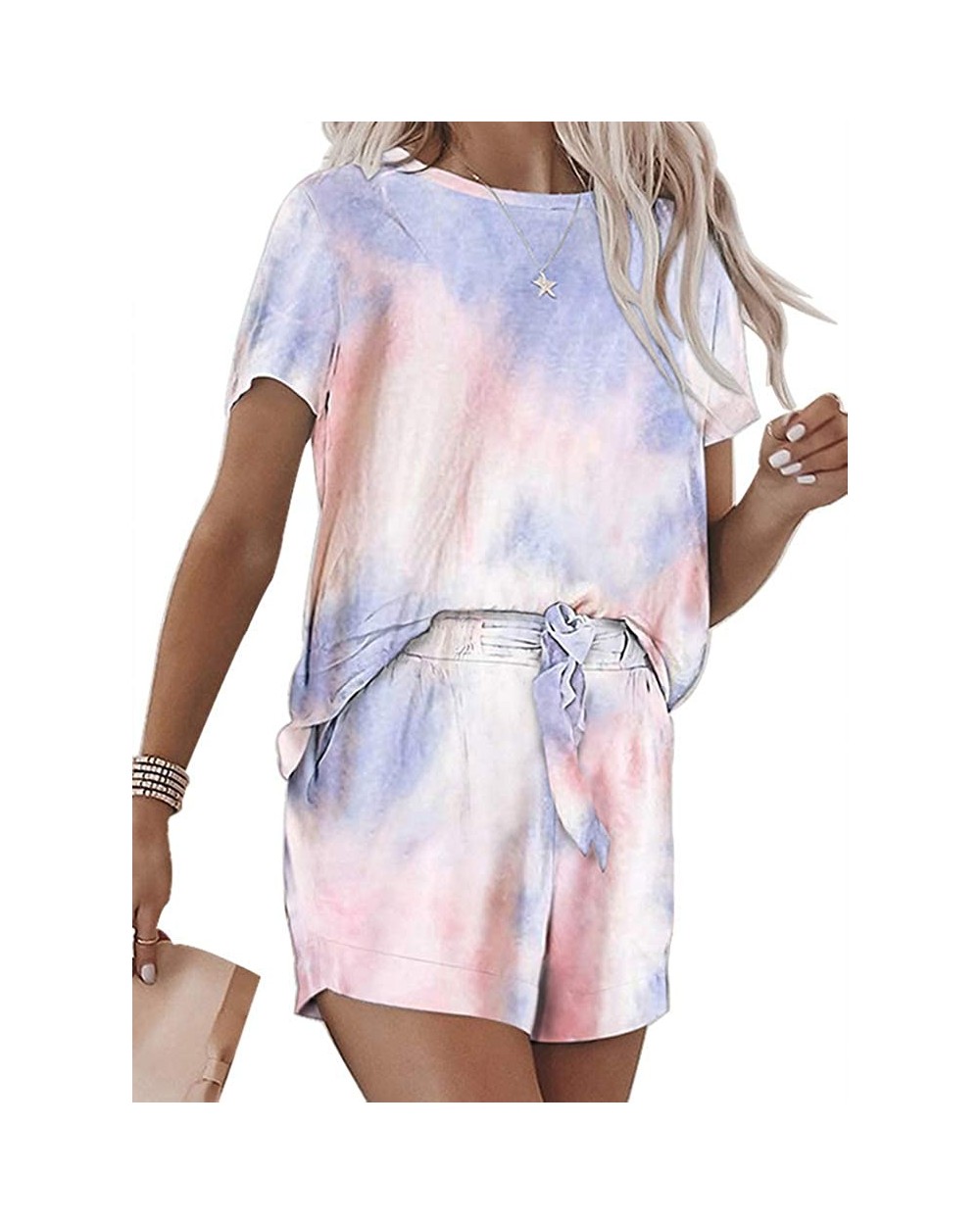 Womens Tie Dye Short Sleeve Tees Tops and Shorts Pajamas Set 2 Piece PJ Sets Nightwear Loungewear - Purple - CC19046OCTL $35....