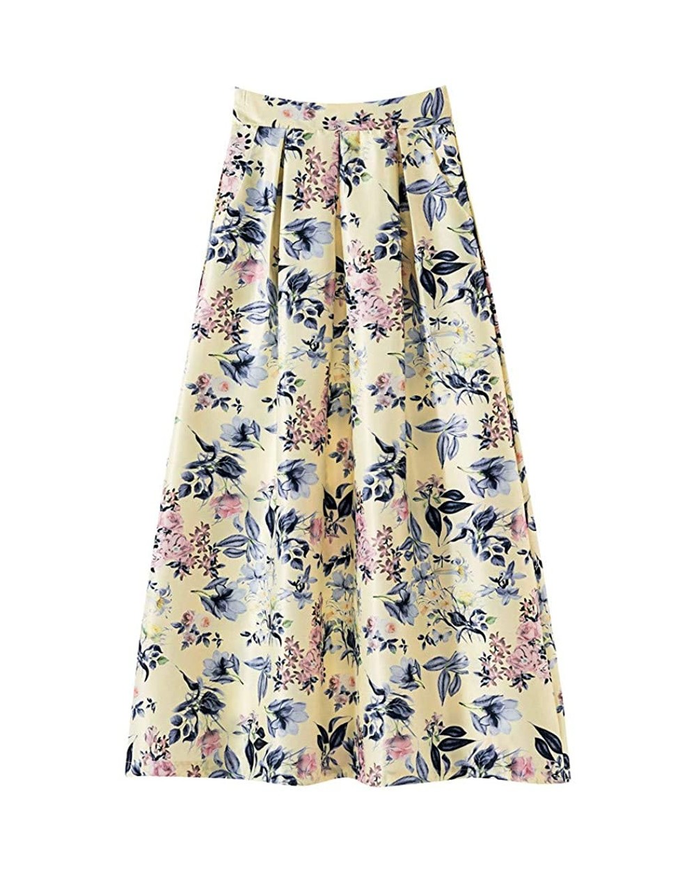 Women's Vintage Skirts Elegant Floral Skirt High Waisted A-Line Pleated Midi Skirts for Party Picnic Cocktail - Yellow - CD18...