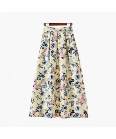 Women's Vintage Skirts Elegant Floral Skirt High Waisted A-Line Pleated Midi Skirts for Party Picnic Cocktail - Yellow - CD18...