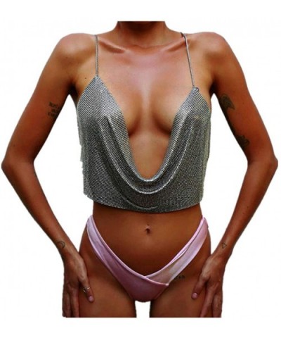 Intimates Tanks- Women Sexy V-Neck Halter Backless Chain Sequined Vest - Silver - CY18L3X9IMM $15.87 Camisoles & Tanks