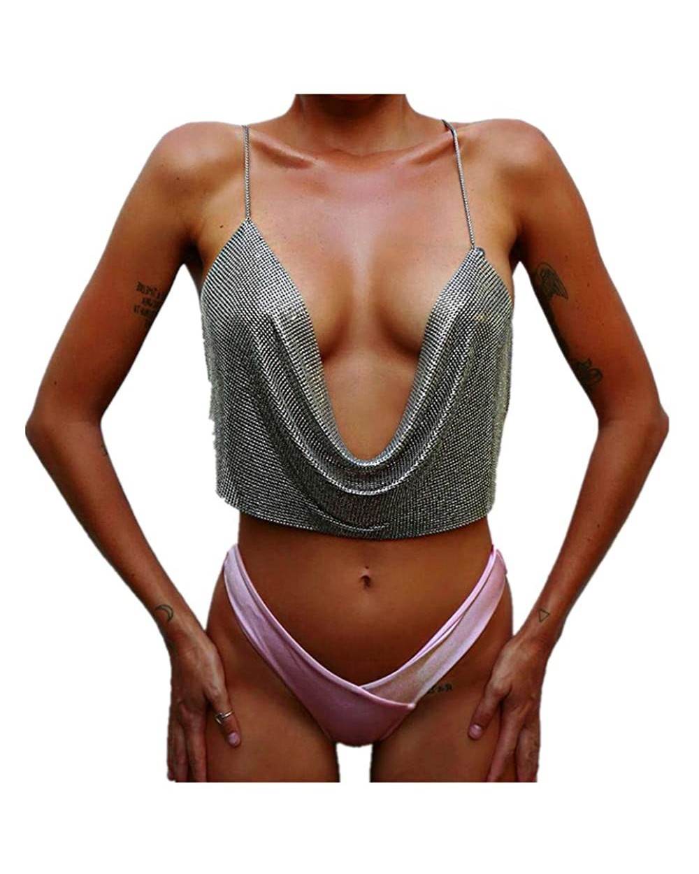 Intimates Tanks- Women Sexy V-Neck Halter Backless Chain Sequined Vest - Silver - CY18L3X9IMM $15.87 Camisoles & Tanks