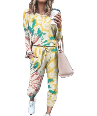 Women 2 Piece Tie-Dye Long Pajamas Set Crew Neck Top Drawstring Pants Jogger with Pockets Sleepwear Sweat Suit - Yellow Flowe...