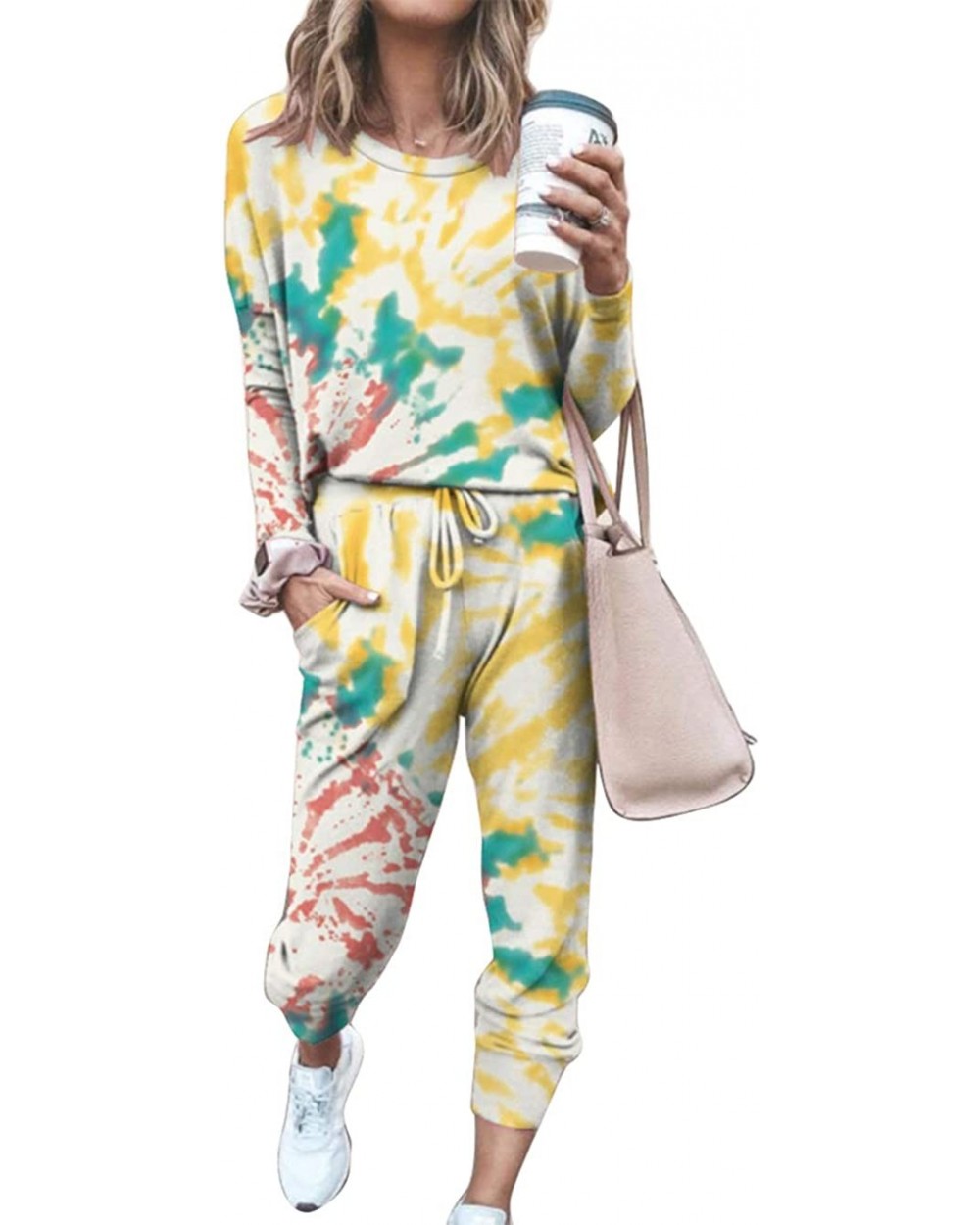 Women 2 Piece Tie-Dye Long Pajamas Set Crew Neck Top Drawstring Pants Jogger with Pockets Sleepwear Sweat Suit - Yellow Flowe...