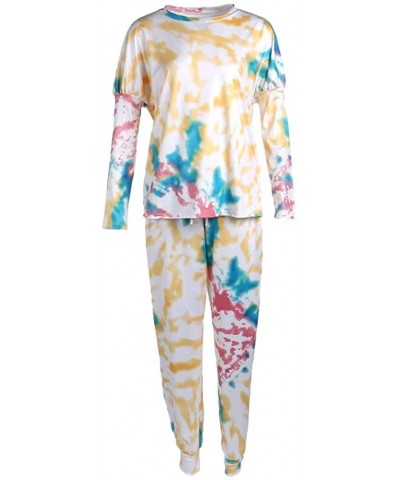 Women 2 Piece Tie-Dye Long Pajamas Set Crew Neck Top Drawstring Pants Jogger with Pockets Sleepwear Sweat Suit - Yellow Flowe...