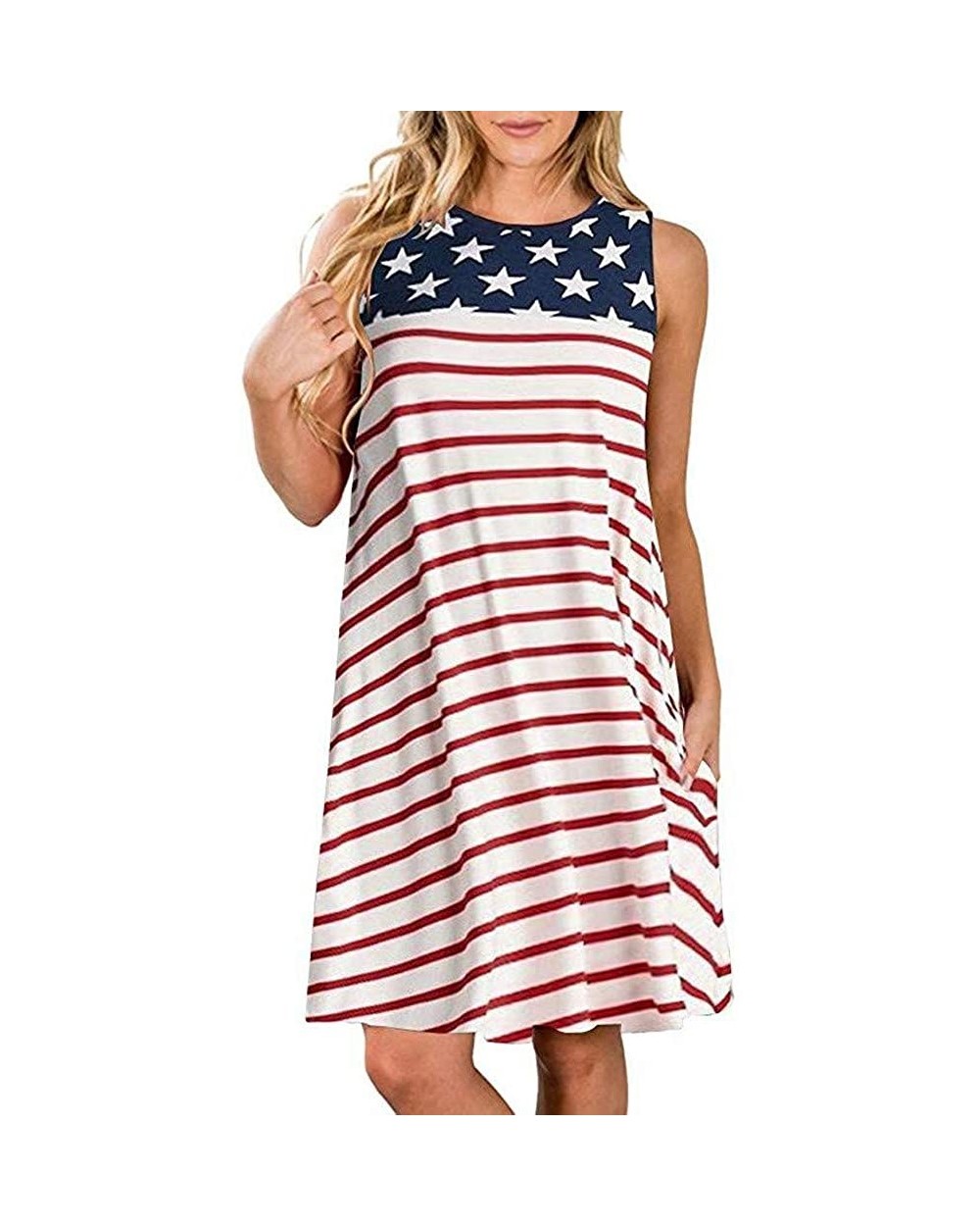 Womens Casual Pockets Patriotic Stripes Star American Flag Print Tank Dress - Red - CU18TYHTW6M $25.38 Panties