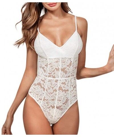 Women Sexy Lingerie-Deep V Neck Backless Halter Mini Bodysuit Lace Mesh One Piece Babydoll Underwear - White - C718XUCCNS6 $2...