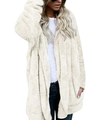 Cozy Pocketed Cardigan Open Front Jacket Shearling Coats Warm Sherpa Fuzzy Fleece Blazer Oversize Plus Size White - CU192KR5L...