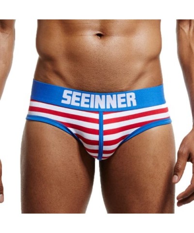 Men's Underwear- Stripe Cotton Shorts Men Boxers Low Waist Briefs - Red - CY192U9XO8U $19.31 Briefs