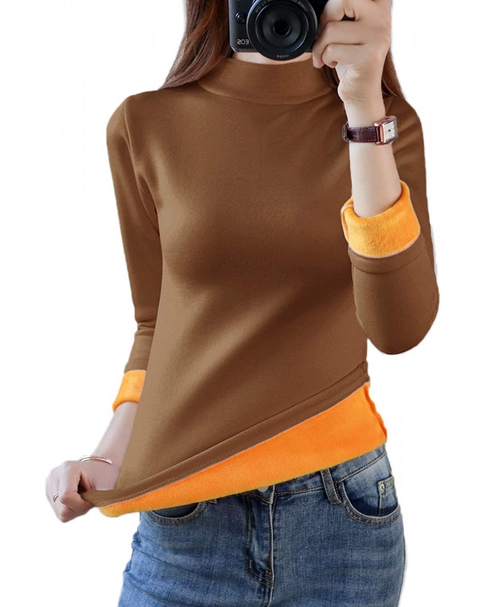 Women's Thermal Underwear Tops Winter Warm High Neck Fleece Lined Baselayer Long Shirts - Khaki - CT18ZGSSLEE $38.78 Thermal ...