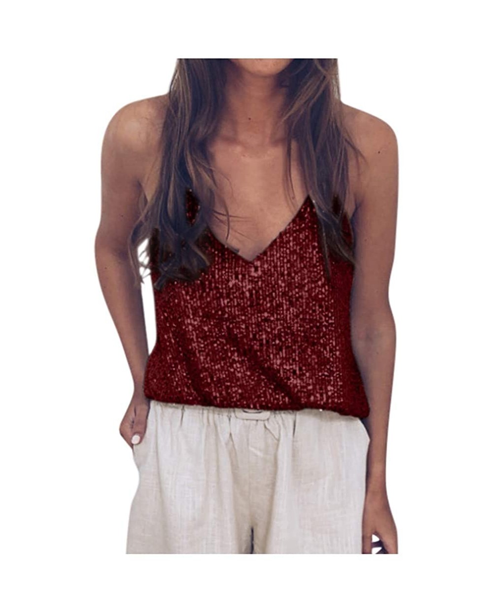 Women's Sequin Cami Vest Sexy Sleeveless Sparkle Shimmer Camisole Vest Sequin Tank Tops - Wine - C4193WDURW8 $14.43 Tops