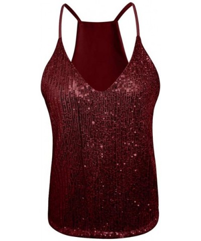 Women's Sequin Cami Vest Sexy Sleeveless Sparkle Shimmer Camisole Vest Sequin Tank Tops - Wine - C4193WDURW8 $14.43 Tops