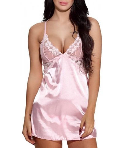 Women Babydoll Dress Camisole Lingerie Pajamas Nightgown Satin Silk Lace Cross Back - Pink - CF198CSUA2R $19.64 Camisoles & T...