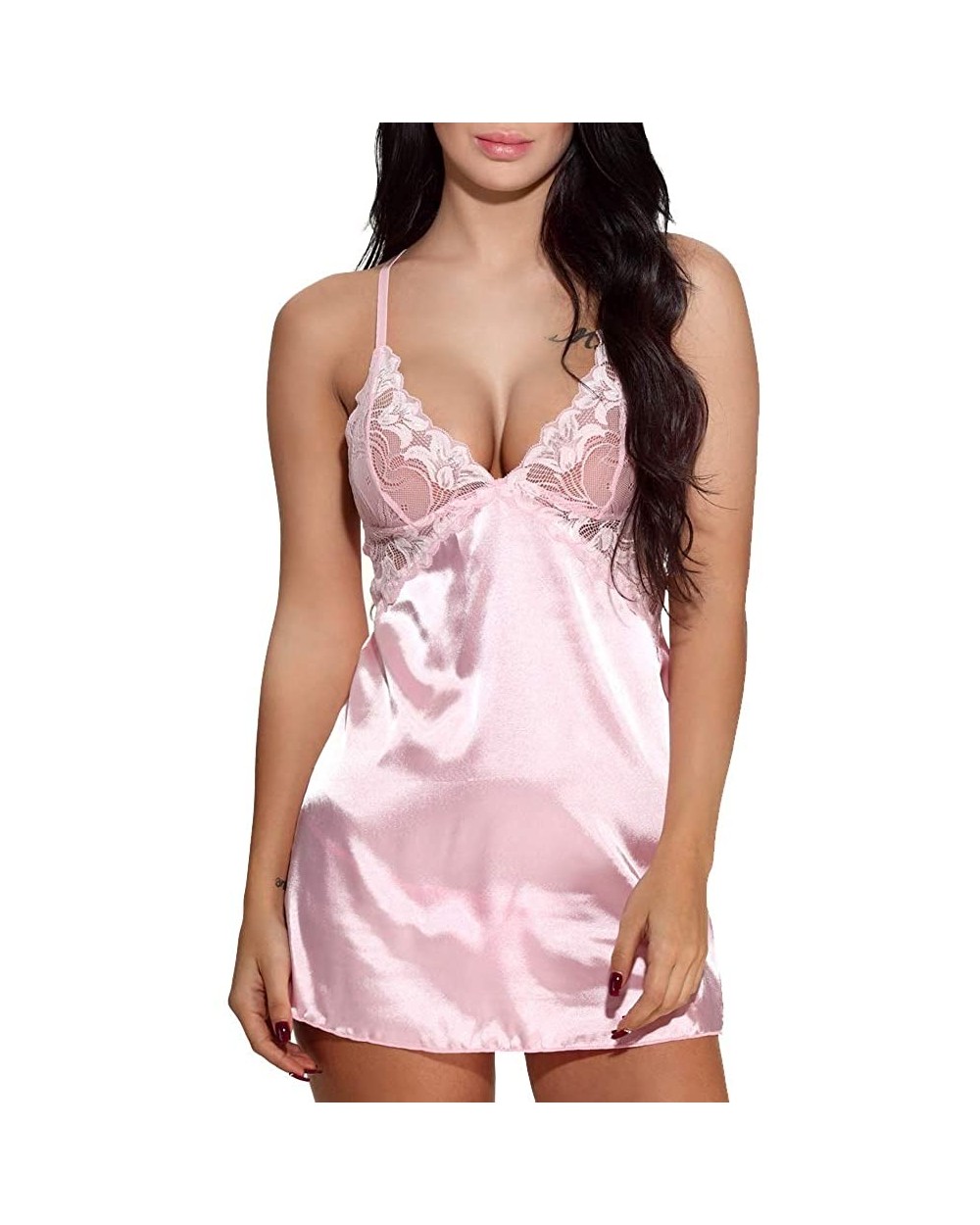 Women Babydoll Dress Camisole Lingerie Pajamas Nightgown Satin Silk Lace Cross Back - Pink - CF198CSUA2R $19.64 Camisoles & T...