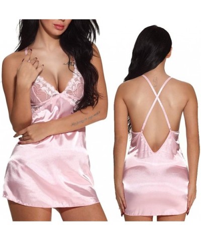 Women Babydoll Dress Camisole Lingerie Pajamas Nightgown Satin Silk Lace Cross Back - Pink - CF198CSUA2R $19.64 Camisoles & T...