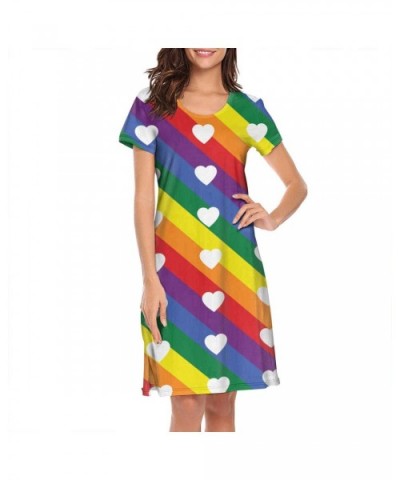 Women Nightdress Striped Rainbow Gay Pride Flag LGBT Short Sleeve Long Skirt Soft Comfortable Casual Sleepwear White 37 - C31...