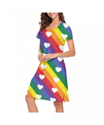 Women Nightdress Striped Rainbow Gay Pride Flag LGBT Short Sleeve Long Skirt Soft Comfortable Casual Sleepwear White 37 - C31...